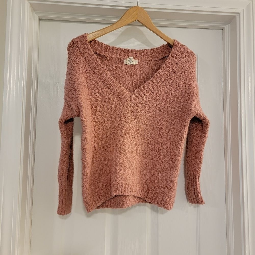Yes Lola Chunky Knit V-Neck Fuzzy Dusty Rose Sweater Size XS